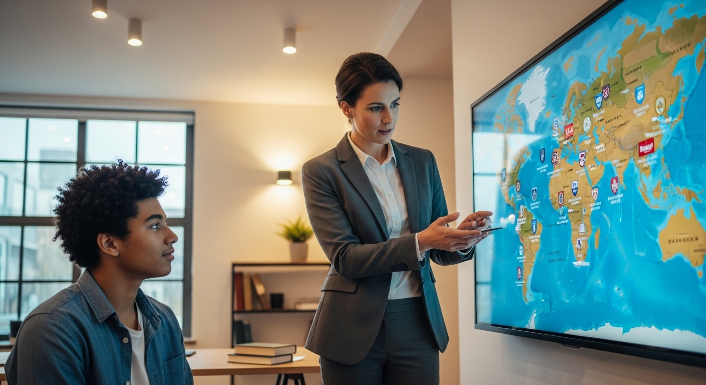 Chuyên gia tư vấn giáo dục đang chỉ các lựa chọn đại học quốc tế trên màn hình tương tác cho sinh viên, giúp em khám phá trường đại học tốt nhất thế giới 2025 phù hợp.