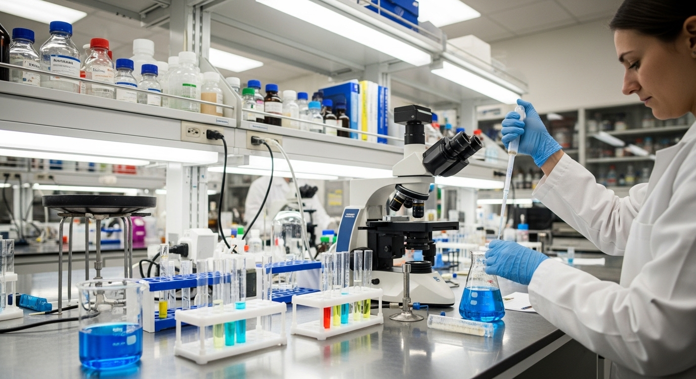 Nhà nghiên cứu trong phòng thí nghiệm y tế hiện đại đang pipet dung dịch, với kính hiển vi và ống nghiệm. Phản ánh hoạt động nghiên cứu tiên tiến tại các trường đại học tại TP.HCM.