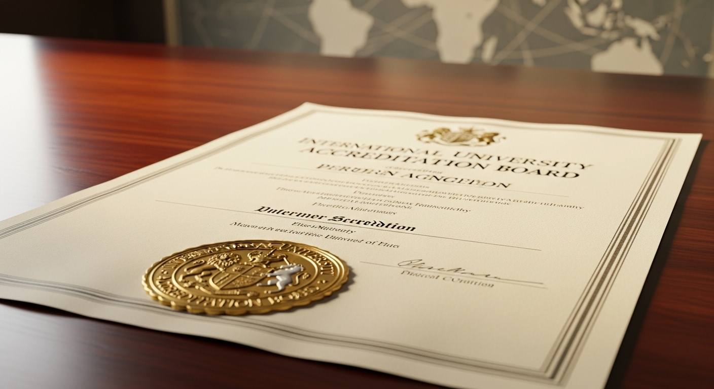 Văn bằng công nhận đại học chính thức với dấu vàng nổi bật trên nền gỗ tối, kèm bản đồ thế giới mờ, tượng trưng cho một trong những đại học tốt nhất Việt Nam đạt chuẩn quốc tế.