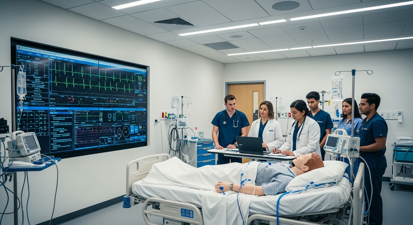 Phòng đào tạo y khoa hiện đại với thiết bị mô phỏng tiên tiến và màn hình y tế, minh chứng cho chất lượng giáo dục tại các trường trong bảng xếp hạng đại học khối sức khỏe.