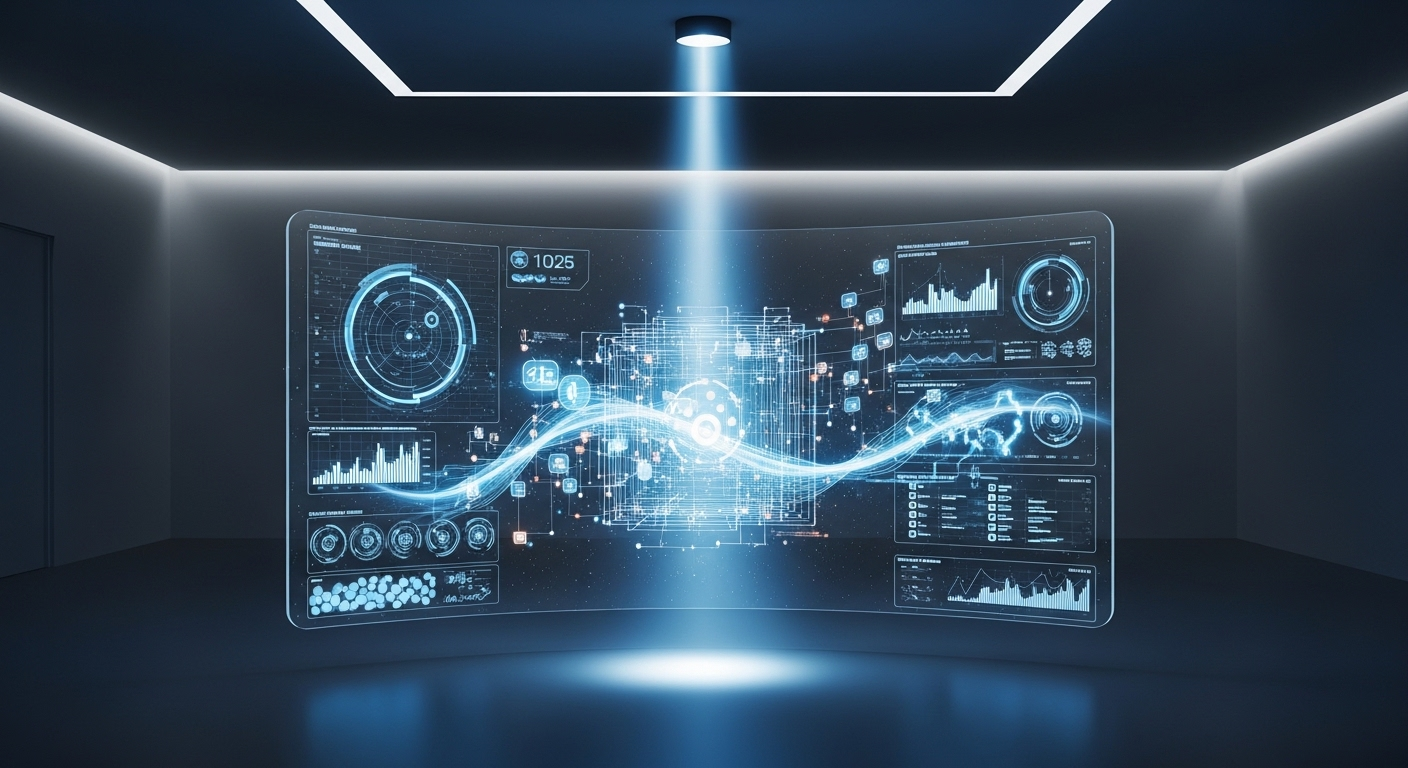 Màn hình holographic tương lai hiển thị trực quan hóa dữ liệu 3D phức tạp, minh họa công nghệ tiên tiến trong ngành IT, lĩnh vực trọng tâm tại các trường đại học có ngành công nghệ thông tin.