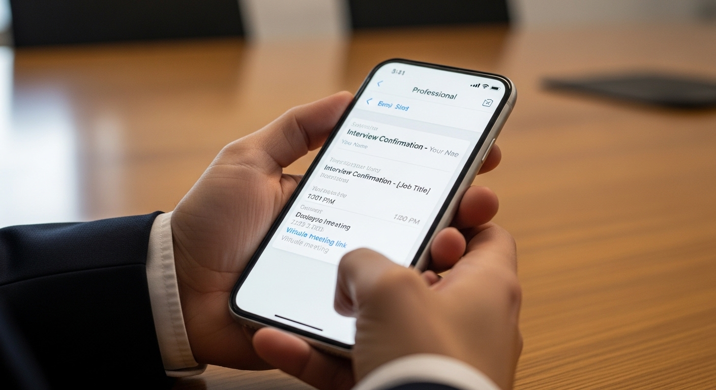 Màn hình điện thoại hiển thị email xác nhận phỏng vấn chuyên nghiệp, nhận được sau khi đã trả lời thư mời phỏng vấn thành công.