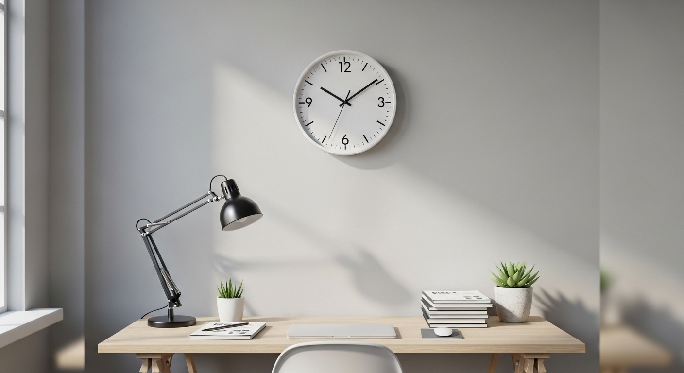 Đồng hồ treo tường tối giản trên bàn làm việc gọn gàng, nhấn mạnh tầm quan trọng của thời gian khi gửi thư cảm ơn sau phỏng vấn.