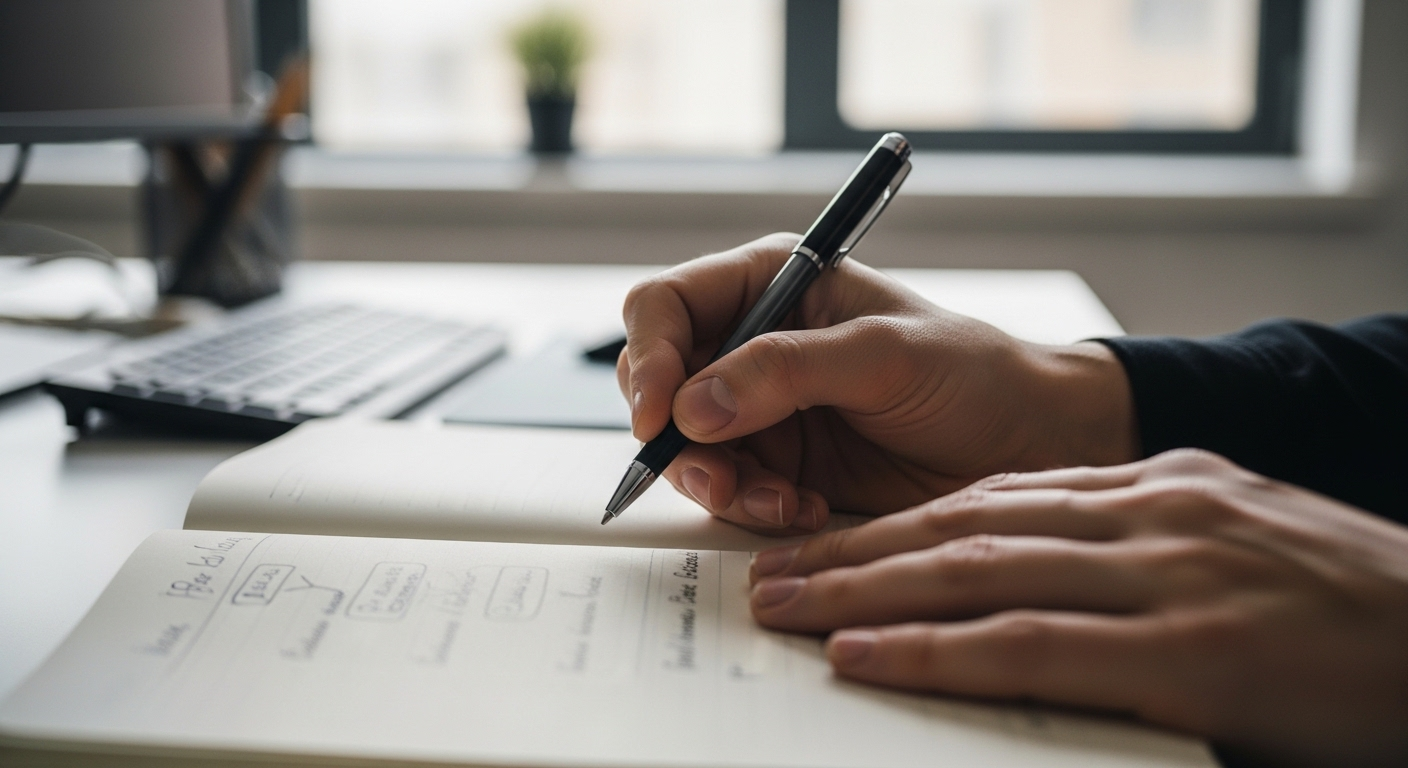Bàn tay đang ghi chú các điểm quan trọng về câu hỏi phỏng vấn thực tập sinh vào sổ tay, thể hiện sự ôn tập và chuẩn bị kỹ lưỡng trong không gian văn phòng yên tĩnh.