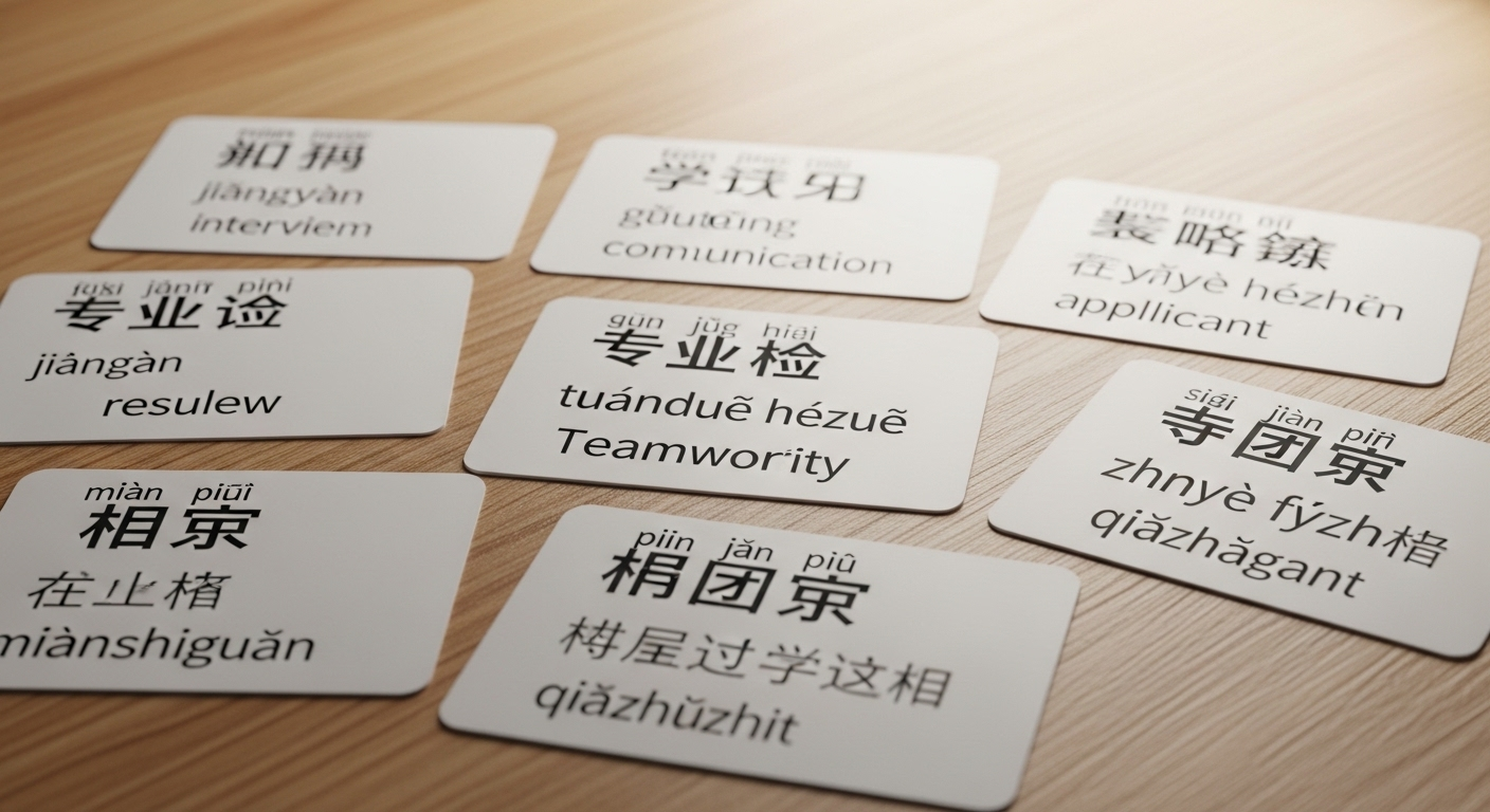 Thẻ flashcard song ngữ tiếng Trung - Anh với từ vựng, Pinyin và tiếng Anh cho các câu hỏi phỏng vấn tiếng Trung chuyên nghiệp, đặt trên nền gỗ sáng. Thẻ flashcard song ngữ tiếng Trung - Anh với từ vựng, Pinyin và tiếng Anh cho các câu hỏi phỏng vấn tiếng Trung chuyên nghiệp, đặt trên nền gỗ sáng.