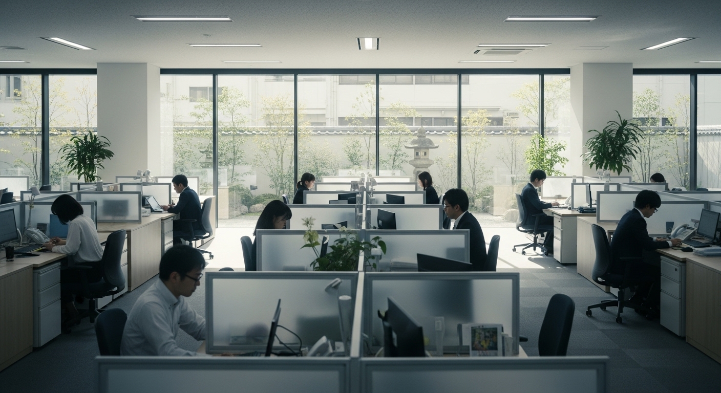 Không gian văn phòng Nhật Bản hiện đại, tối giản với ánh sáng tự nhiên, lý tưởng cho môi trường làm việc hiệu quả và chuẩn bị các câu hỏi phỏng vấn tiếng Nhật.