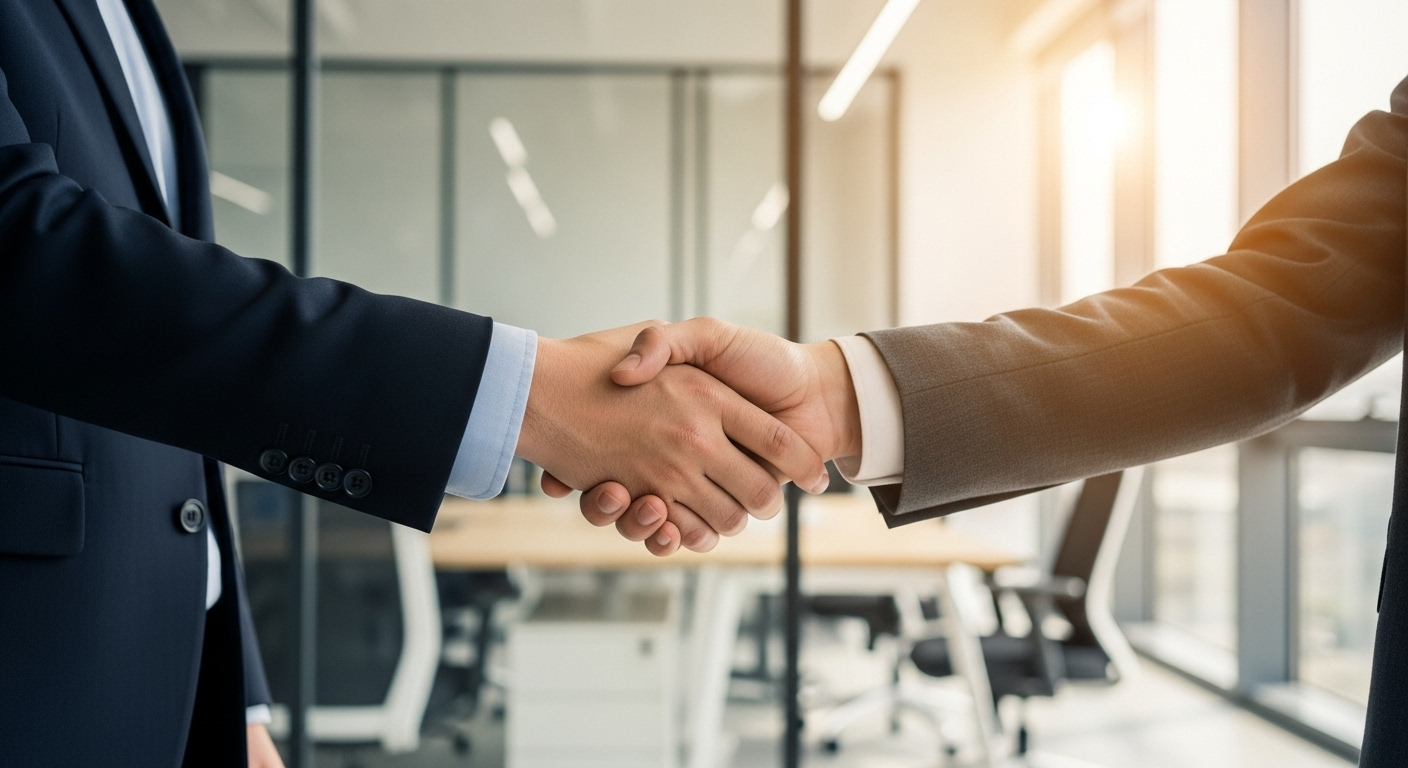 Bắt tay chuyên nghiệp trong văn phòng hiện đại, tượng trưng cho sự hợp tác và thành công. Để đạt được những cơ hội như vậy, việc chuẩn bị kỹ lưỡng, kể cả câu hỏi phỏng vấn tiếng Hàn, là rất quan trọng.