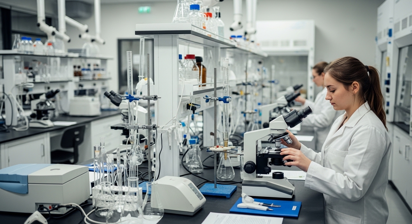 Sinh viên trong áo blouse trắng đang cẩn thận điều chỉnh thiết bị khoa học tại phòng thí nghiệm hiện đại của một trường đại học top 1 Hà Nội, với đầy đủ dụng cụ thủy tinh và ống nghiệm. Sinh viên trong áo blouse trắng đang cẩn thận điều chỉnh thiết bị khoa học tại phòng thí nghiệm hiện đại của một trường đại học top 1 Hà Nội, với đầy đủ dụng cụ thủy tinh và ống nghiệm.