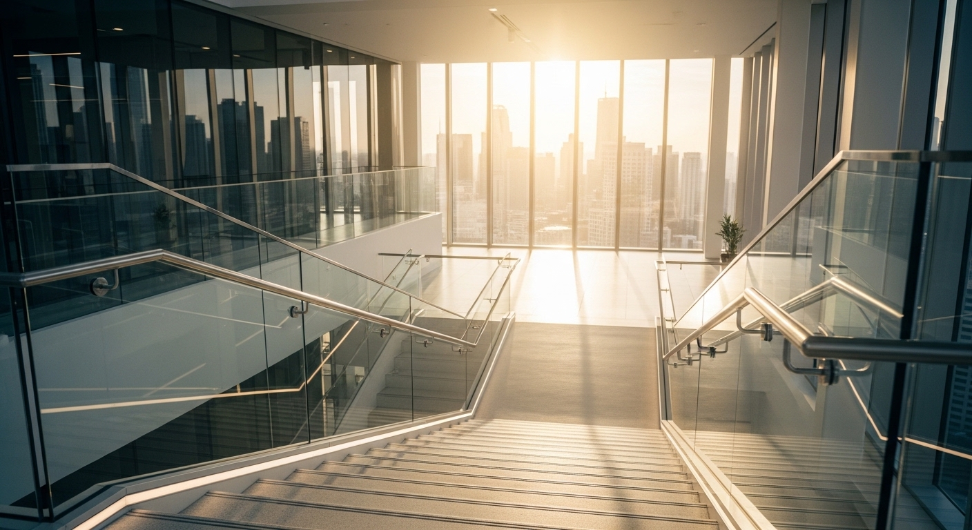 Lối đi lên sáng sủa trong tòa nhà văn phòng hiện đại, tượng trưng cho con đường sự nghiệp mở rộng sau thành công trong phỏng vấn xin việc bằng tiếng Anh.