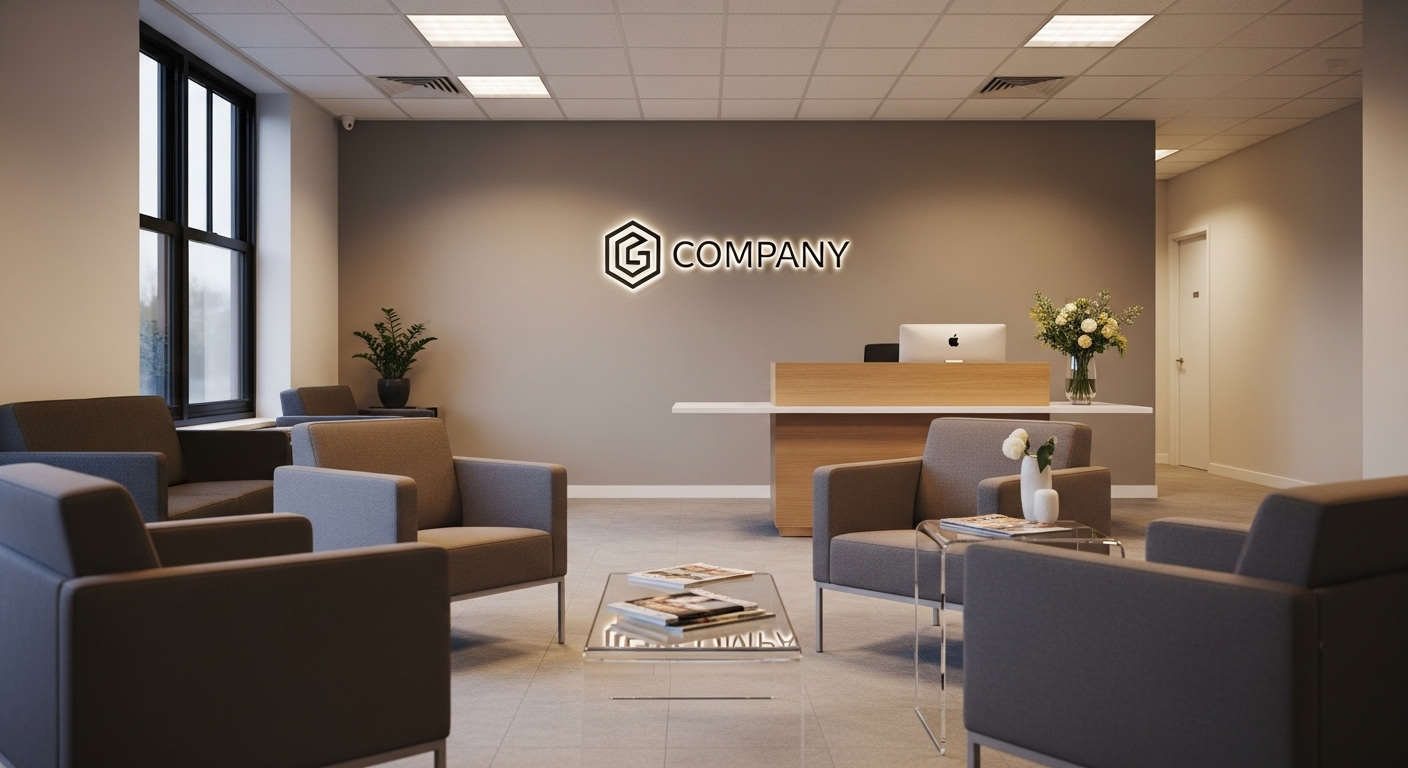Khu vực lễ tân văn phòng hiện đại, ấm cúng với ghế tối giản, bàn kính và logo tinh tế. Không gian chuyên nghiệp này giúp ứng viên có tâm thế tốt nhất trước khi gặp gỡ nhà tuyển dụng và giải đáp các câu hỏi phỏng vấn cho nhà tuyển dụng.
