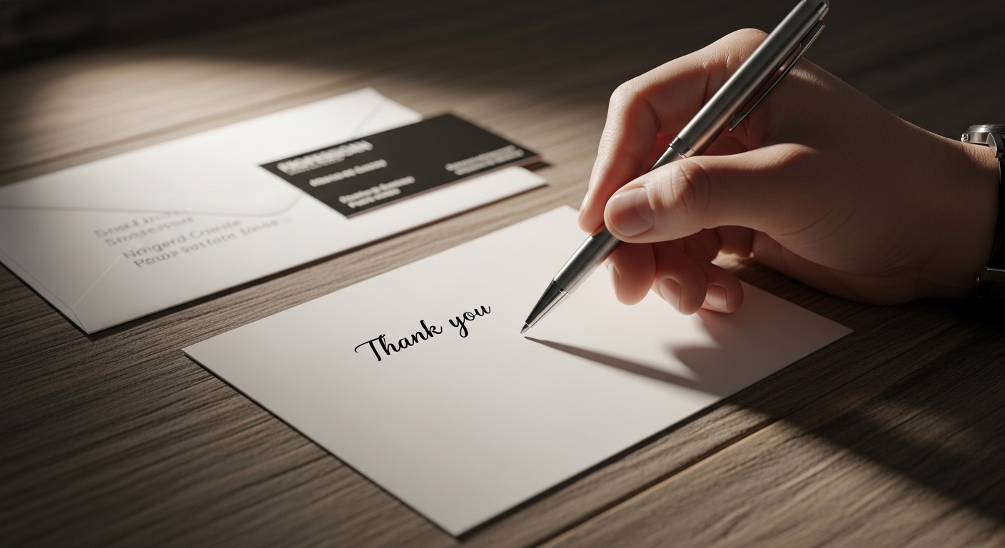 Bàn tay cầm bút chuẩn bị viết thiệp cảm ơn chuyên nghiệp trên bàn gỗ, cạnh danh thiếp. Đây là bước quan trọng sau khi vượt qua các câu hỏi phỏng vấn sinh viên mới ra trường.