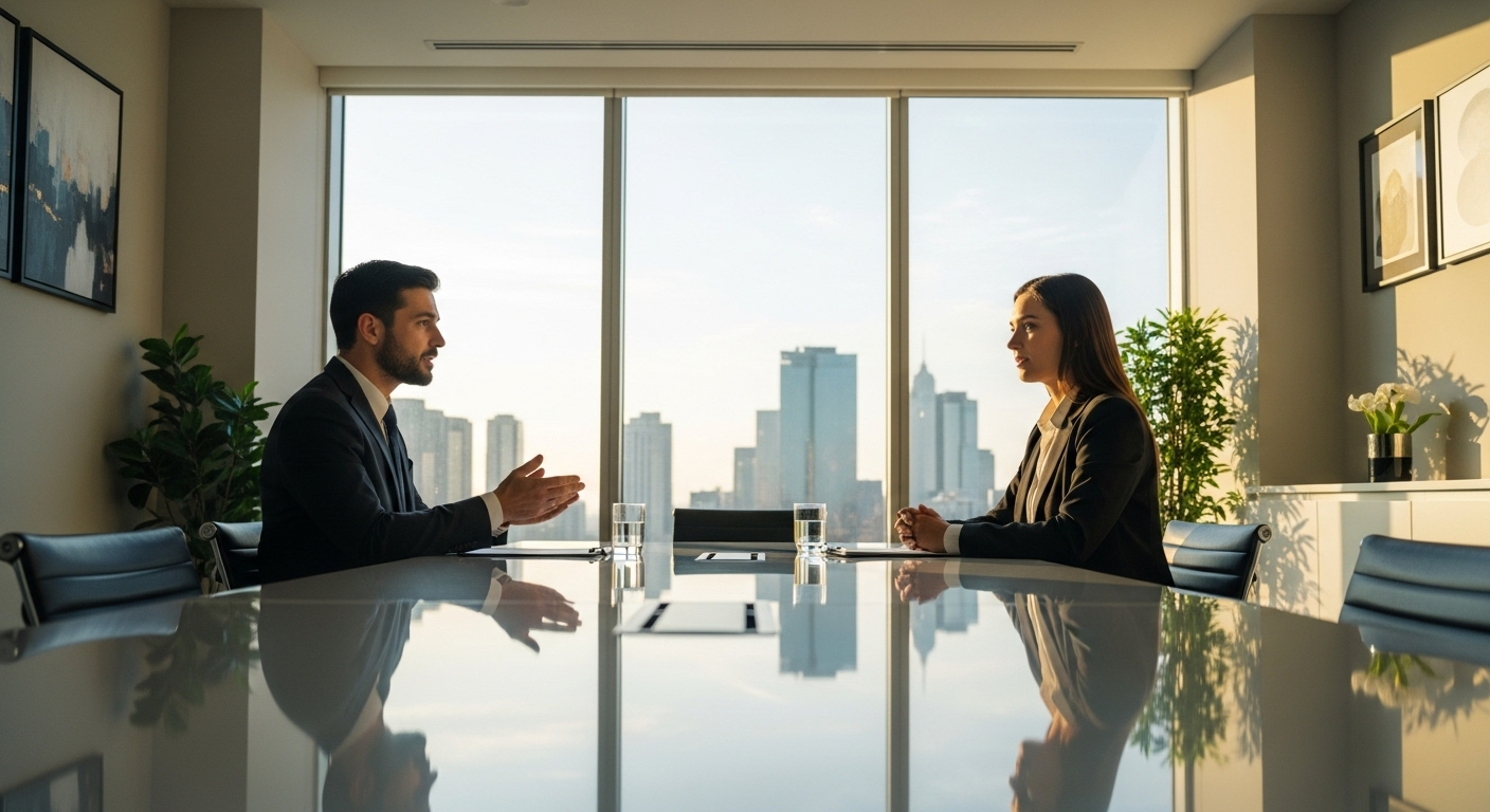 Hai người đang phỏng vấn xin việc chuyên nghiệp trong phòng họp hiện đại. Một người trao đổi các câu hỏi phỏng vấn xin việc trong khi người kia lắng nghe, với cảnh thành phố từ cửa sổ lớn phía sau.