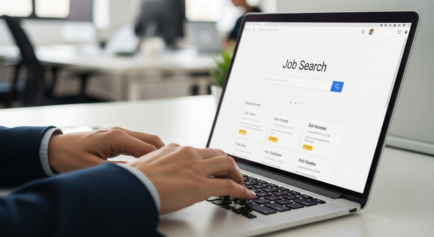 Cận cảnh bàn tay gõ bàn phím laptop trên trang web tìm việc làm hiện đại, giúp ứng viên chuẩn bị cho các câu hỏi phỏng vấn và khám phá cơ hội nghề nghiệp kỹ thuật số.