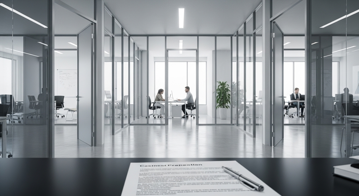 Hành lang văn phòng hiện đại với nhiều cửa mở, tượng trưng cơ hội. Trên bàn là CV xin việc được chuẩn bị sẵn sàng cho con đường sự nghiệp mới.