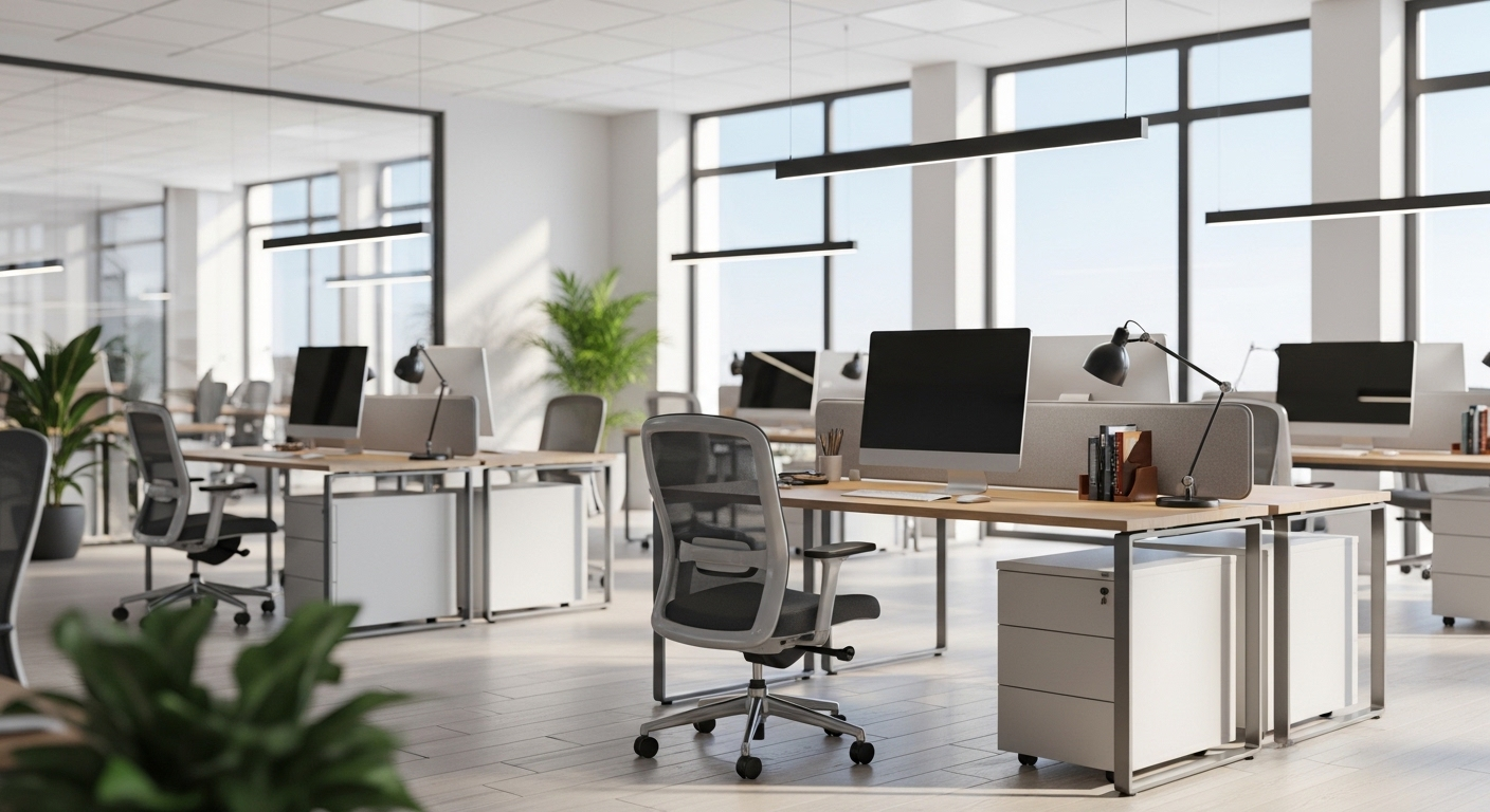 Văn phòng mở hiện đại, tràn ngập ánh sáng tự nhiên, với các bàn làm việc sạch sẽ và ghế công thái học, tạo môi trường làm việc chuyên nghiệp và chào đón. Hình ảnh lý tưởng để minh họa cho thư chào mừng nhân viên mới.