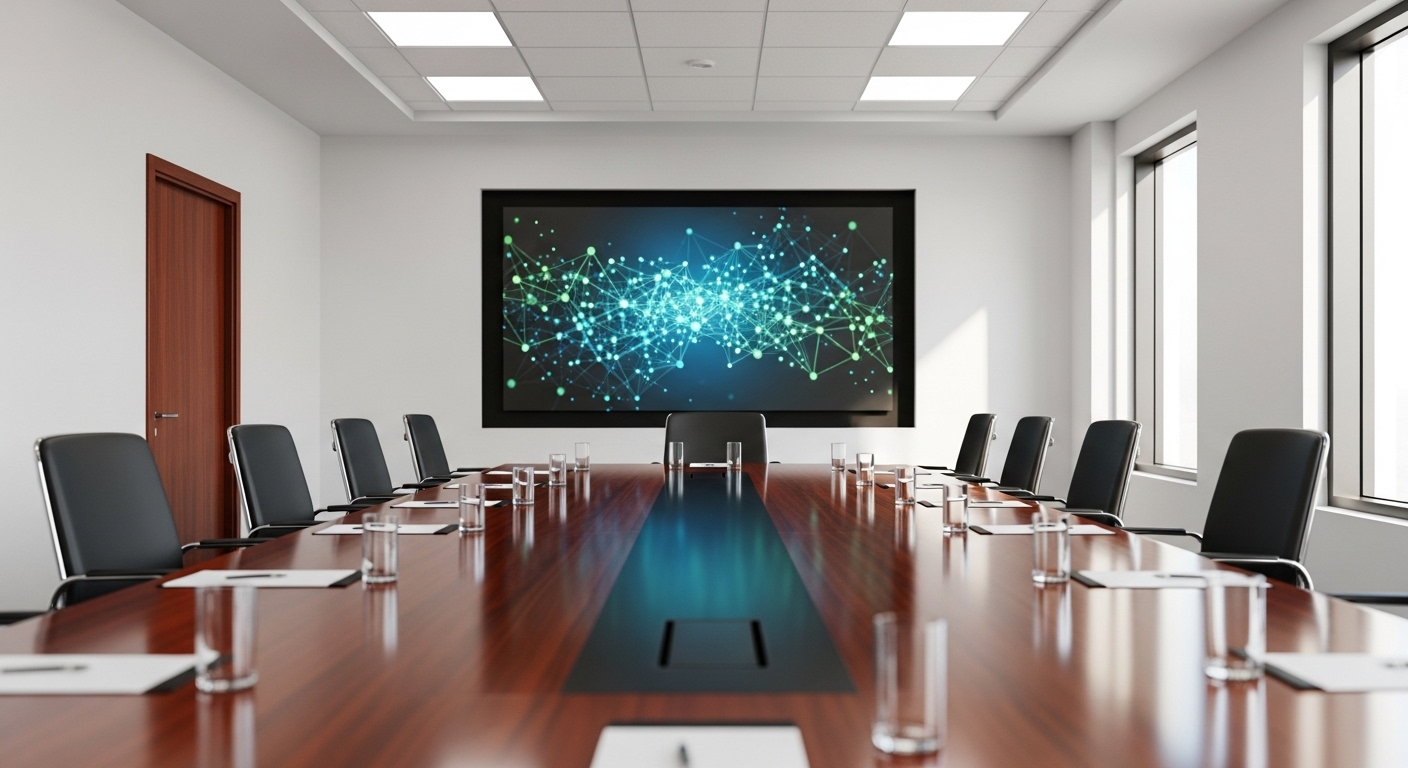 Không gian hội nghị hiện đại, chuyên nghiệp với màn hình lớn hiển thị mạng lưới kết nối, lý tưởng cho các buổi đào tạo và bồi dưỡng chứng chỉ nhân sự.