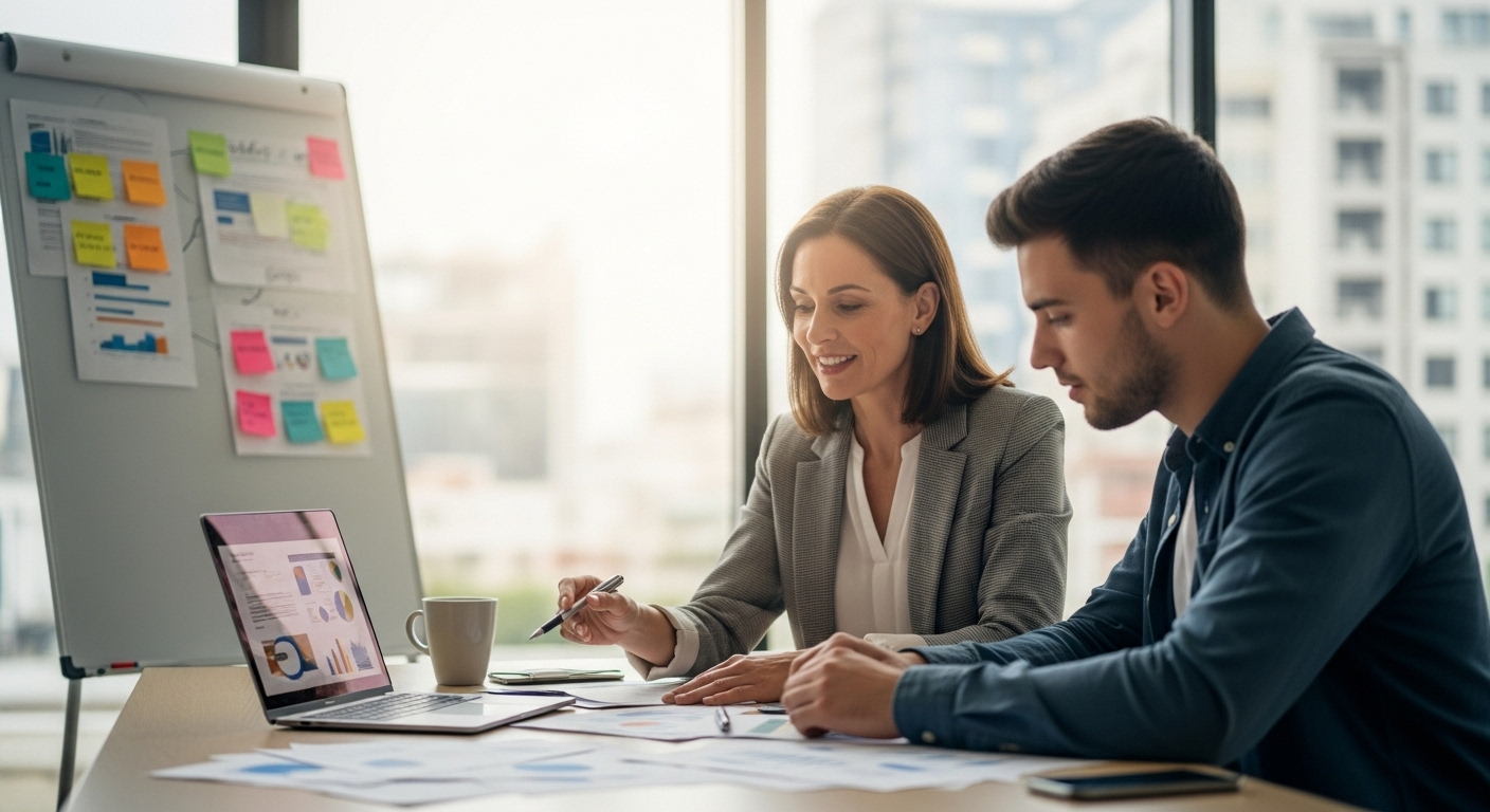 Quản lý nhân sự kinh nghiệm đang hướng dẫn trực tiếp một thực tập sinh nhân sự trẻ, cùng thảo luận tài liệu tại không gian làm việc chung.