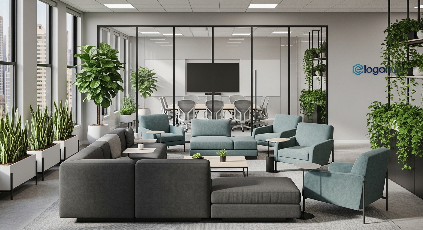 Không gian văn phòng cộng tác hiện đại, ngập tràn ánh sáng tự nhiên, cây xanh, với phòng họp kính và khu vực làm việc linh hoạt, lý tưởng cho thông báo tuyển dụng nhân sự mới.