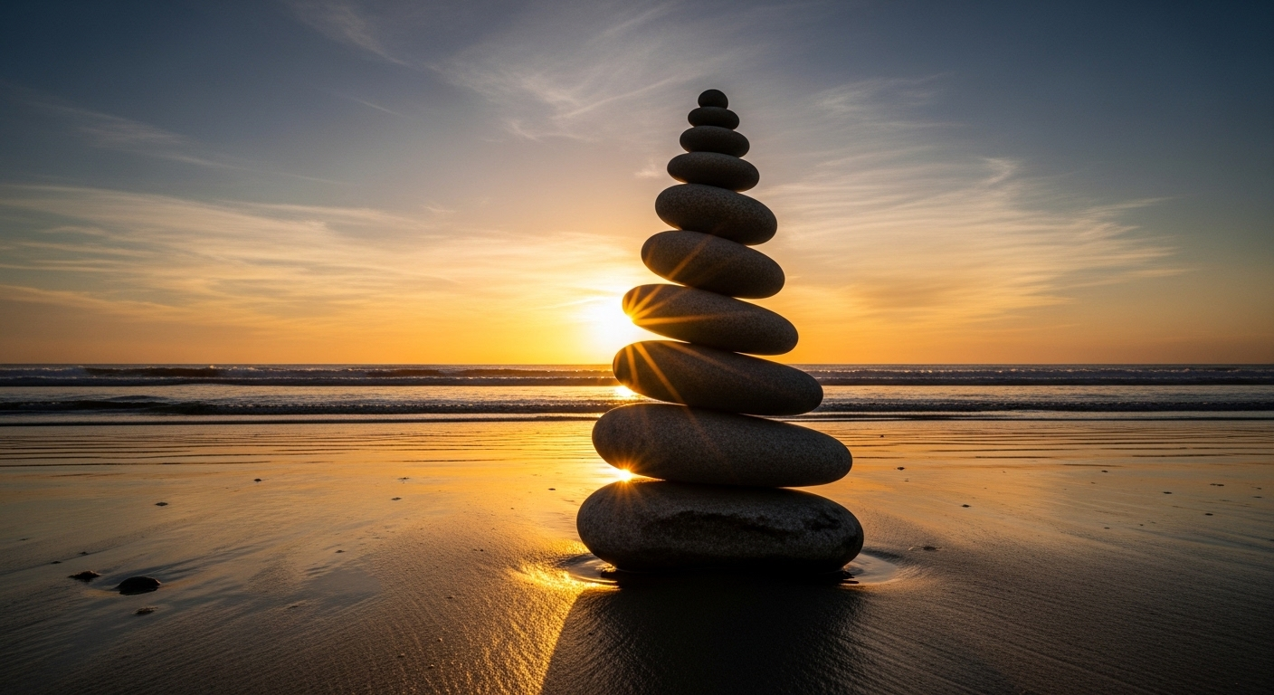 Tháp đá cân bằng hoàn hảo trên bãi biển hoàng hôn, biểu tượng của sự ổn định và quyết định khéo léo, tương tự cách từ chối nhà tuyển dụng một cách chuyên nghiệp và tinh tế.