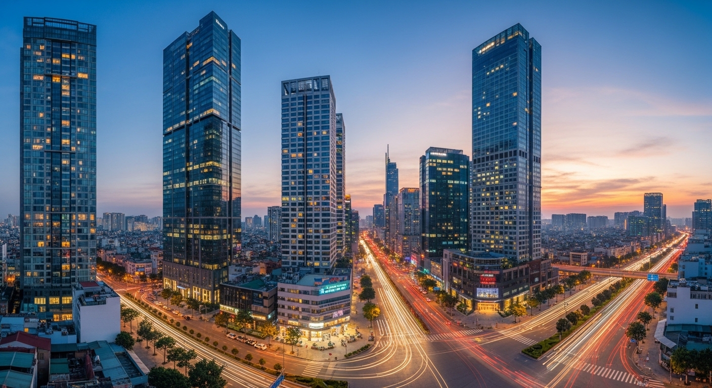 Cảnh quan đô thị Hà Nội hiện đại lúc chạng vạng, với các tòa nhà cao tầng và ánh đèn lung linh. Một thành phố năng động, là trung tâm của các Top trường đại học ở Hà Nội.