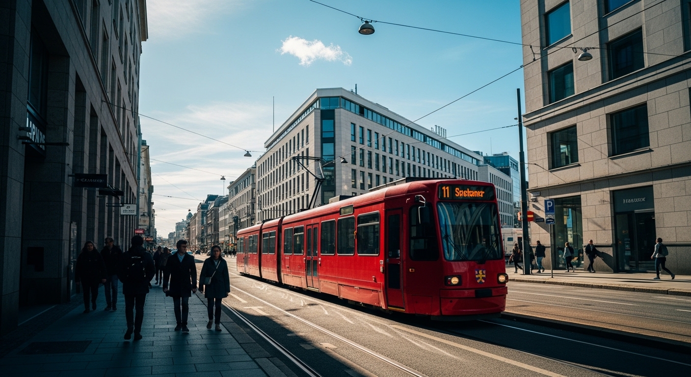 Cảnh đường phố Phần Lan hiện đại với xe điện màu đỏ và kiến trúc thanh bình, gợi mở về chất lượng cuộc sống khi tìm hiểu chi phí du học Phần Lan tự túc.