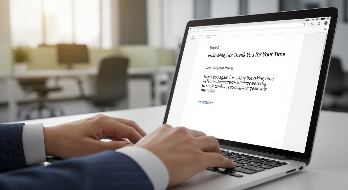 Cận cảnh tay gõ email cảm ơn chuyên nghiệp trên laptop sau buổi phỏng vấn xin việc tiếng Anh.