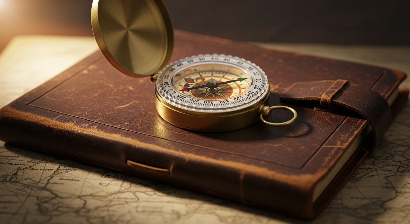Cận cảnh la bàn đồng cổ điển trên sổ da cũ mòn, kim chỉ bắc, tượng trưng cho việc định hướng và chuẩn bị kỹ lưỡng các câu hỏi phỏng vấn dưới ánh sáng ấm áp.