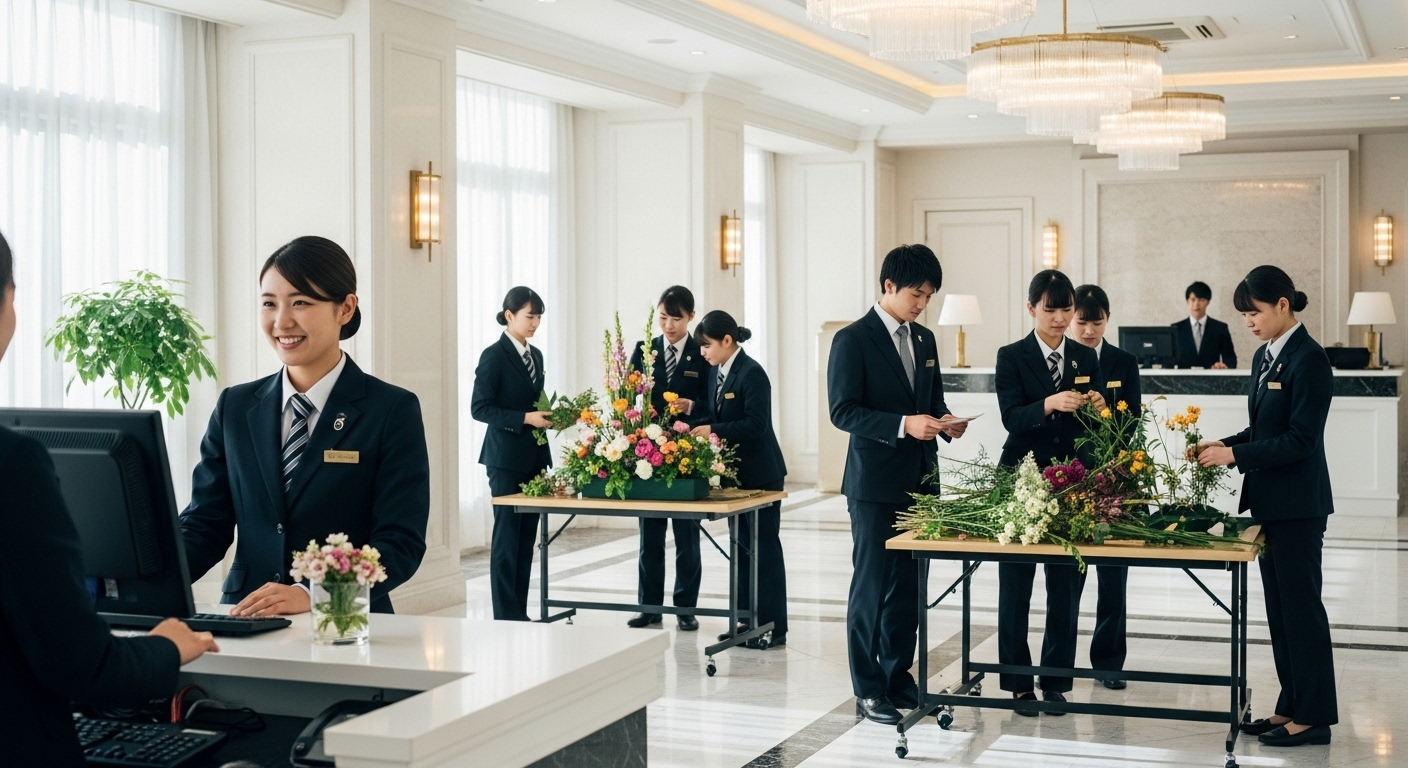 Sảnh khách sạn mô phỏng nhộn nhịp nơi sinh viên thực hành nghiệp vụ quản trị khách sạn, với một sinh viên mỉm cười tiếp đón khách tại quầy lễ tân, cùng các hoạt động cắm hoa và xử lý check-in. Hình ảnh đào tạo thực tế từ trường Cao đẳng tốt nhất Hà Nội.