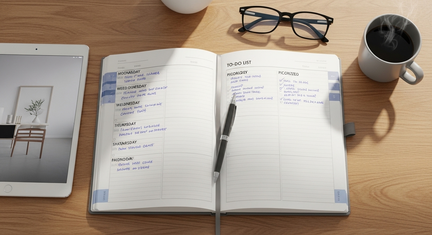 Góc nhìn trên cao sổ kế hoạch chuyên nghiệp với lịch trình và danh sách ưu tiên. Kèm bút và máy tính bảng, rất lý tưởng để sắp xếp công việc và chuẩn bị câu hỏi phỏng vấn hiệu quả.