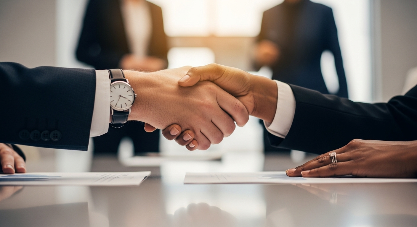 Cái bắt tay chuyên nghiệp trên bàn hội nghị, dấu hiệu của thỏa thuận thành công sau các câu hỏi phỏng vấn.