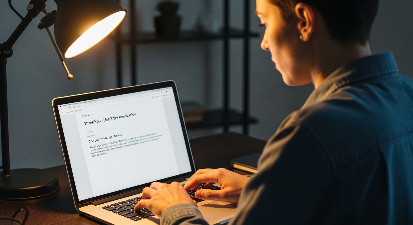 Ứng viên chuyên nghiệp gõ email cảm ơn trên laptop, minh họa cách trả lời phỏng vấn hiệu quả và để lại ấn tượng tốt sau buổi gặp.