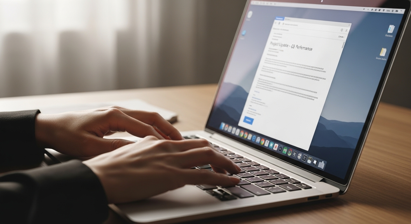 Đôi tay gõ email chuyên nghiệp trên laptop, thể hiện sự tự tin và thành thạo nhờ kinh nghiệm phỏng vấn thực tế.