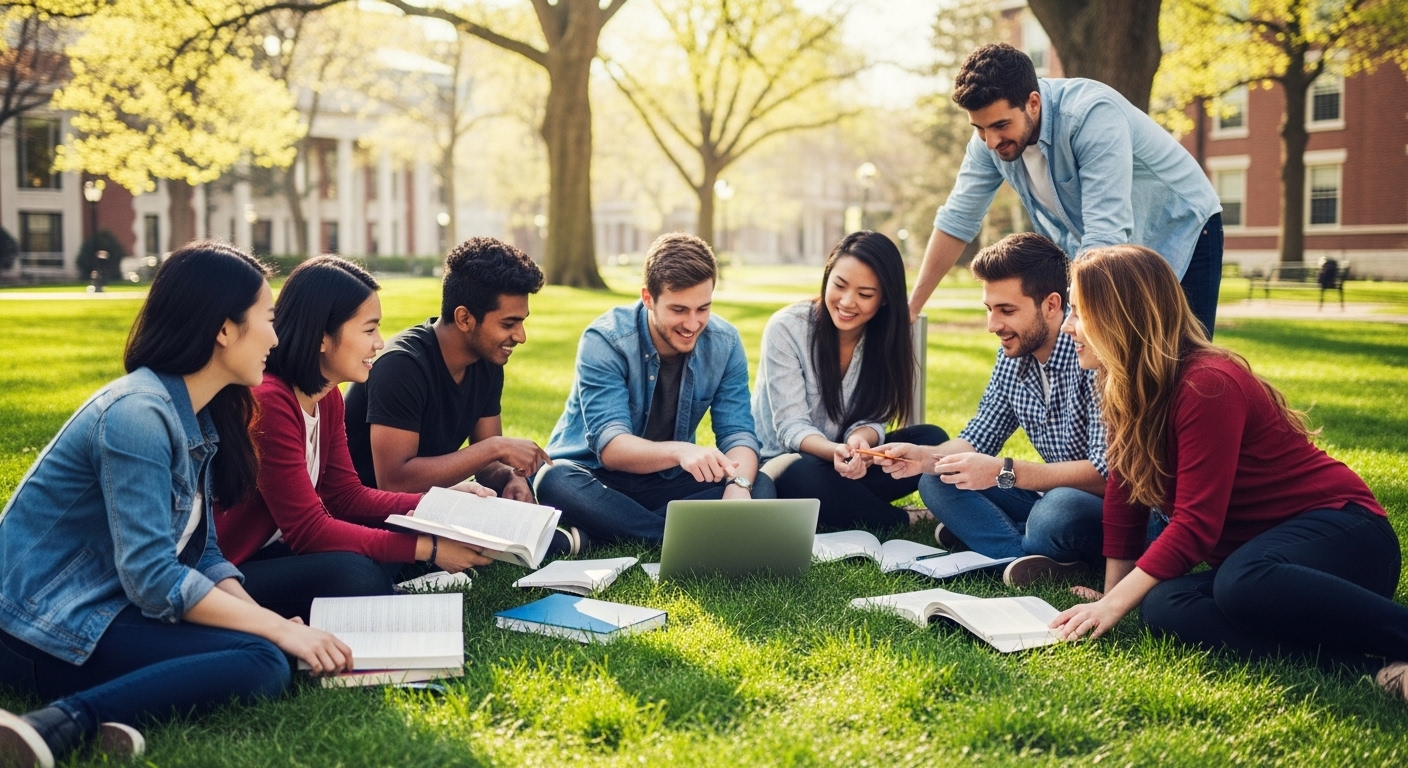 Nhóm sinh viên đa dạng năng động thảo luận dự án với laptop, sách vở trên bãi cỏ xanh dưới nắng dịu, một khung cảnh thường thấy tại các top trường đại học công lập Hà Nội.