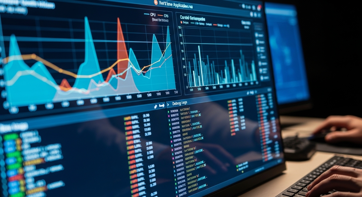 Nhà phát triển phân tích đồ thị hiệu suất và nhật ký gỡ lỗi ứng dụng trên màn hình, kỹ năng thiết yếu cho các câu hỏi phỏng vấn Spring Boot về hiệu năng và khắc phục sự cố.