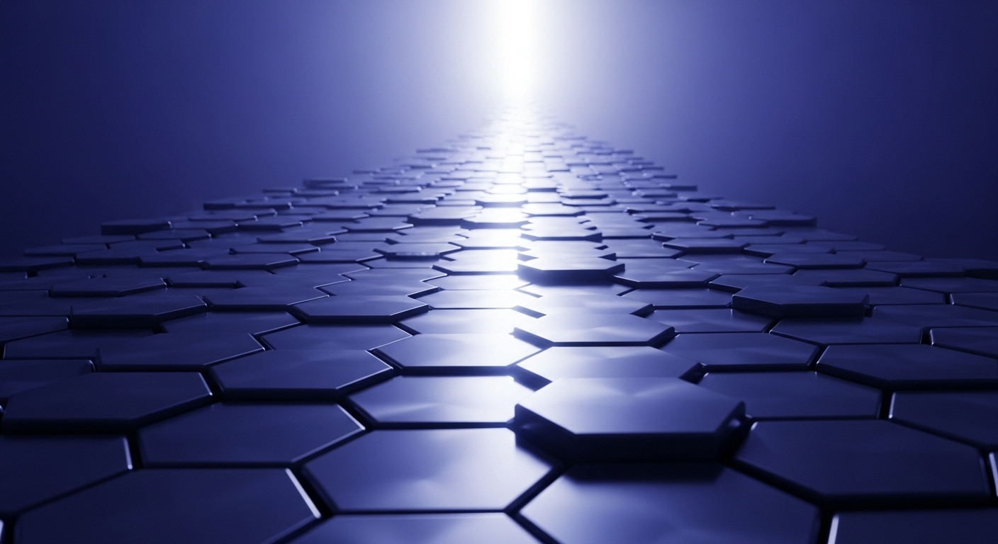 Con đường lát gạch lục giác sáng bóng, dốc lên, tượng trưng cho hành trình thăng tiến sự nghiệp công nghệ, bao gồm cả việc chinh phục các câu hỏi phỏng vấn React Native để đạt đến mục tiêu.