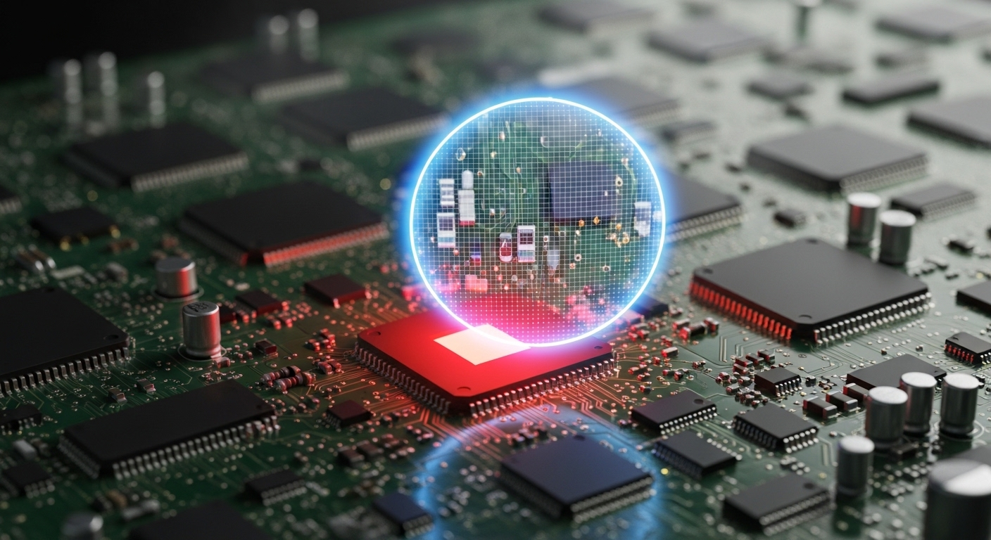 Chi tiết bảng mạch điện tử với điểm đỏ bất thường được kính lúp kỹ thuật số phân tích, minh họa việc phát hiện lỗi hệ thống – kỹ năng quan trọng thường xuất hiện trong câu hỏi phỏng vấn Automation Test.