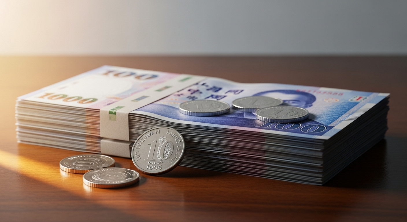 Chồng tờ tiền Đài Loan mới tinh và vài đồng xu sáng bóng, xếp gọn gàng trên mặt gỗ đánh bóng, được ánh nắng chiếu nhẹ. Hình ảnh về thu nhập từ xuất khẩu lao động Đài Loan.