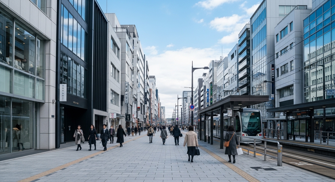 Đường phố Nhật Bản hiện đại, sạch đẹp với giao thông công cộng hiệu quả và các tòa nhà được bảo trì tốt, tạo nên môi trường sống lý tưởng cho xuất khẩu lao động Nhật Bản 2025.