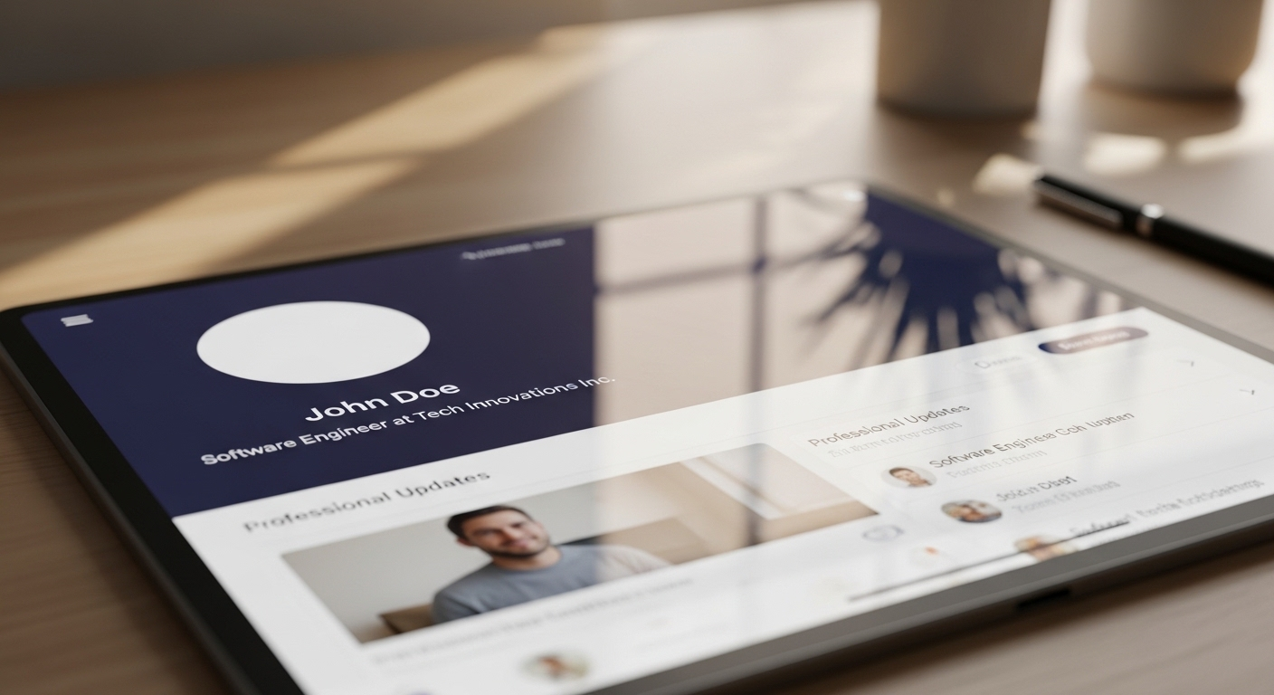 Màn hình máy tính bảng hiển thị trang hồ sơ mạng xã hội chuyên nghiệp gọn gàng, một mẹo phỏng vấn giúp tạo ấn tượng đầu tiên mạnh mẽ.