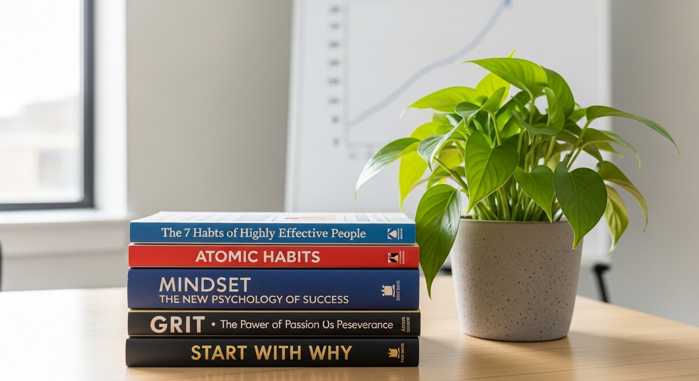 Sách phát triển chuyên nghiệp bìa cứng trên bàn gỗ, cạnh cây xanh, với biểu đồ tăng trưởng mờ ảo. Hình ảnh gợi nhắc quá trình học hỏi, trau dồi kỹ năng để tự tin vượt qua các câu hỏi phỏng vấn thường gặp và phát triển sự nghiệp.