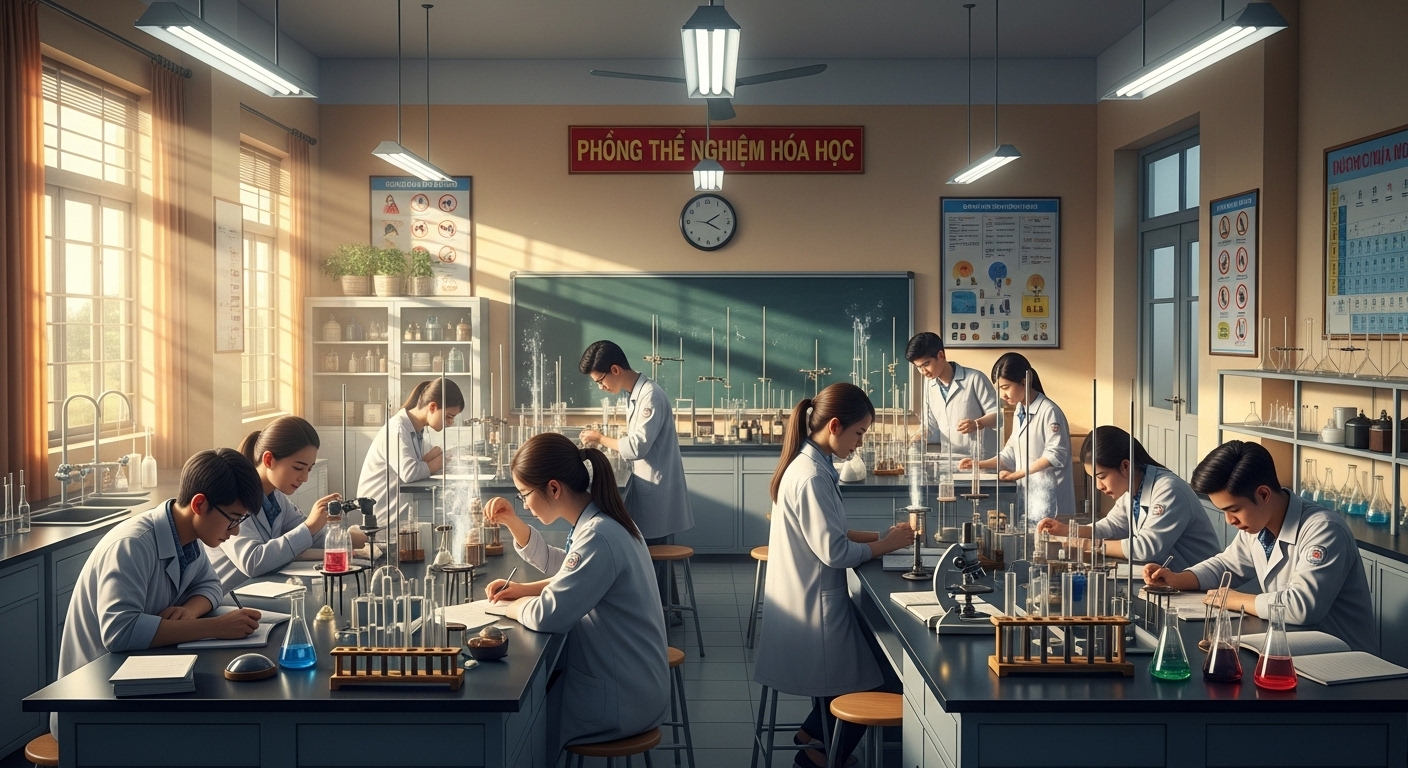 Học sinh mặc áo blouse trong phòng thí nghiệm hóa học hiện đại của trường THPT tốt nhất Hà Nội, đang chăm chú quan sát thí nghiệm và các phản ứng.