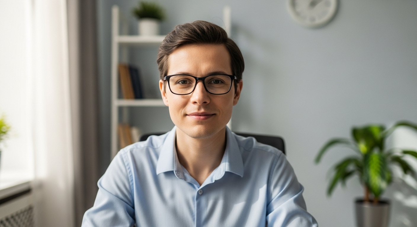 Ứng viên chuyên nghiệp phỏng vấn online, duy trì giao tiếp bằng mắt qua webcam, thể hiện ngôn ngữ cơ thể phỏng vấn tự tin trong góc làm việc tại nhà gọn gàng, đủ sáng.