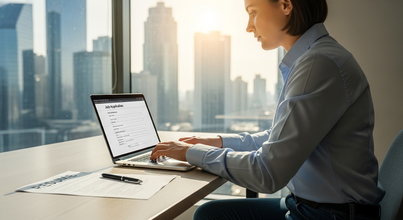 Người trẻ chuyên nghiệp đang điền đơn xin việc online trên laptop, tìm kiếm cơ hội từ KFC tuyển dụng 2025.