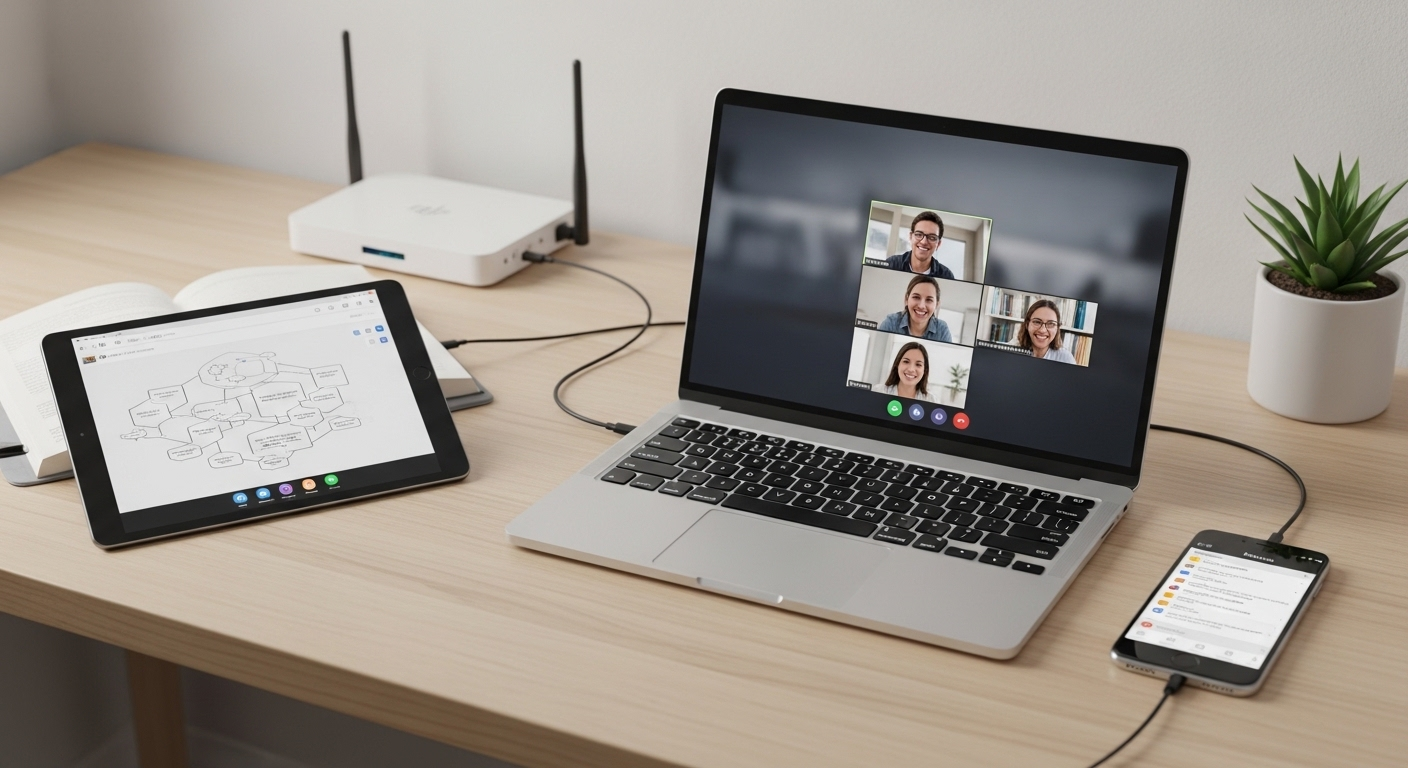 Bàn làm việc gọn gàng với laptop, tablet, smartphone – công cụ thiết yếu cho việc làm online cho sinh viên và học từ xa.