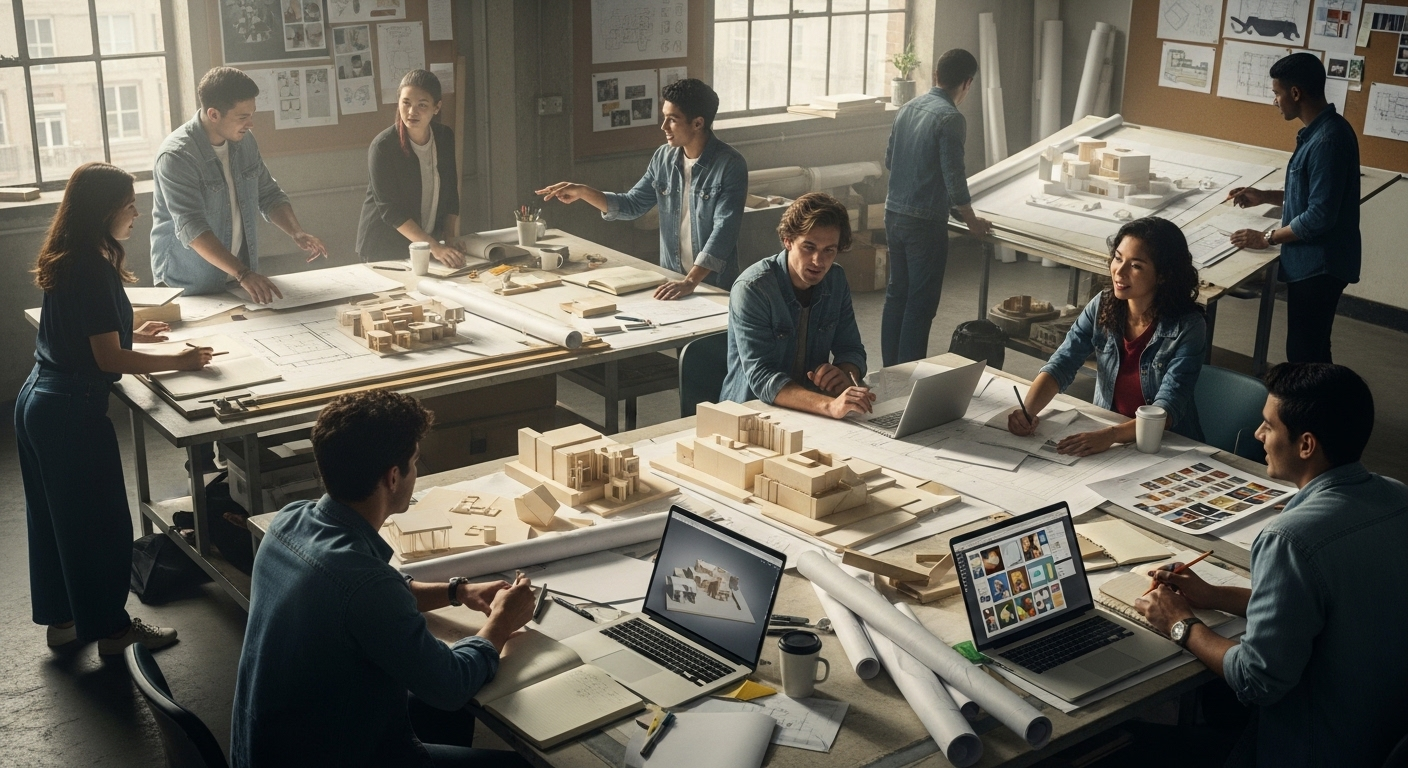 Sinh viên tại studio thiết kế của trường đại học tốt nhất Hà Nội đang cộng tác, phác thảo ý tưởng và thiết kế kiến trúc dưới ánh sáng tự nhiên.