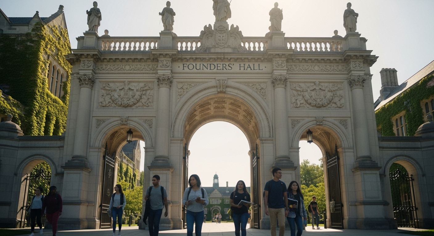 Cổng vòm đá hùng vĩ của một trường đại học tốt nhất thế giới, nơi sinh viên đeo ba lô háo hức bắt đầu hành trình tri thức mới dưới bầu trời trong xanh.