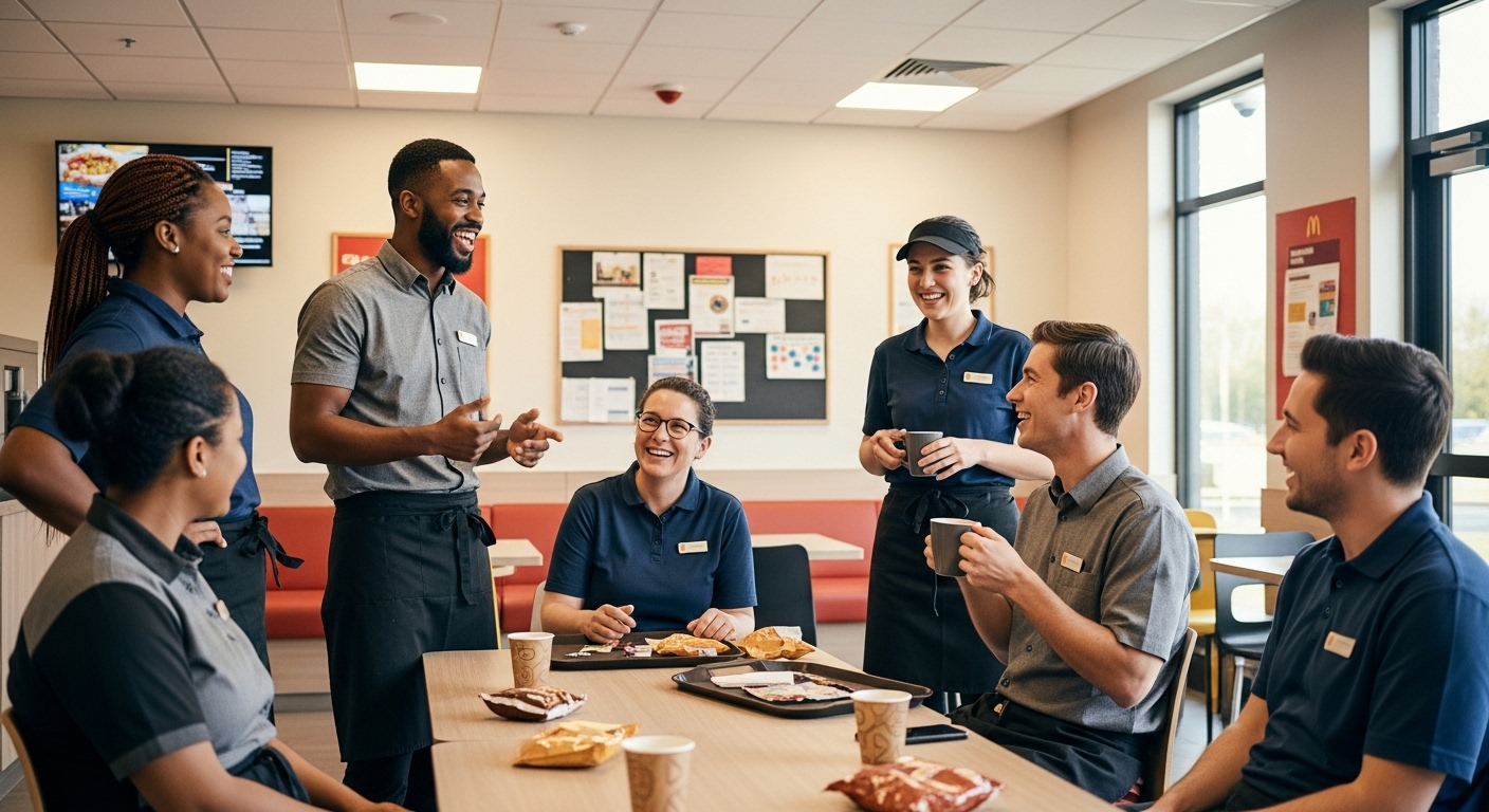Nhóm nhân viên nhà hàng thức ăn nhanh đa dạng vui vẻ tương tác trong phòng nghỉ hiện đại, thể hiện môi trường làm việc thân thiện, gắn kết. Tìm hiểu về tuyển dụng Jollibee để trải nghiệm không khí này!