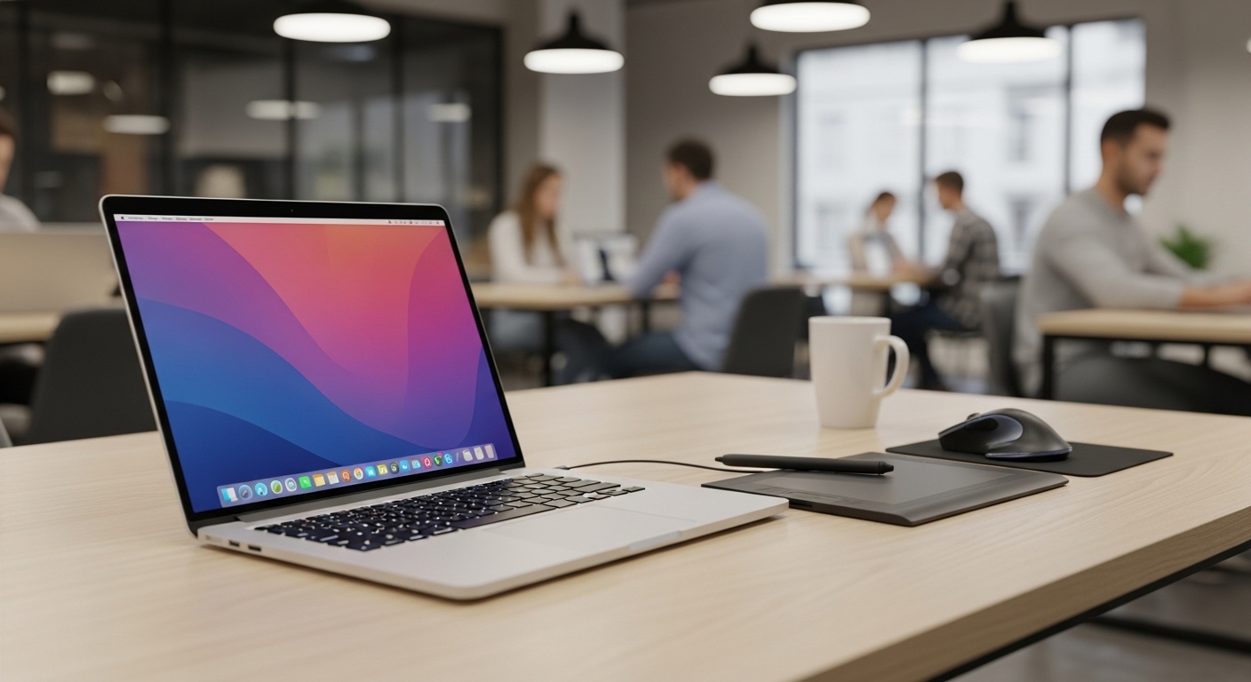 Laptop và phụ kiện công nghệ trong không gian coworking hiện đại, môi trường lý tưởng cho việc làm linh hoạt và cộng tác.