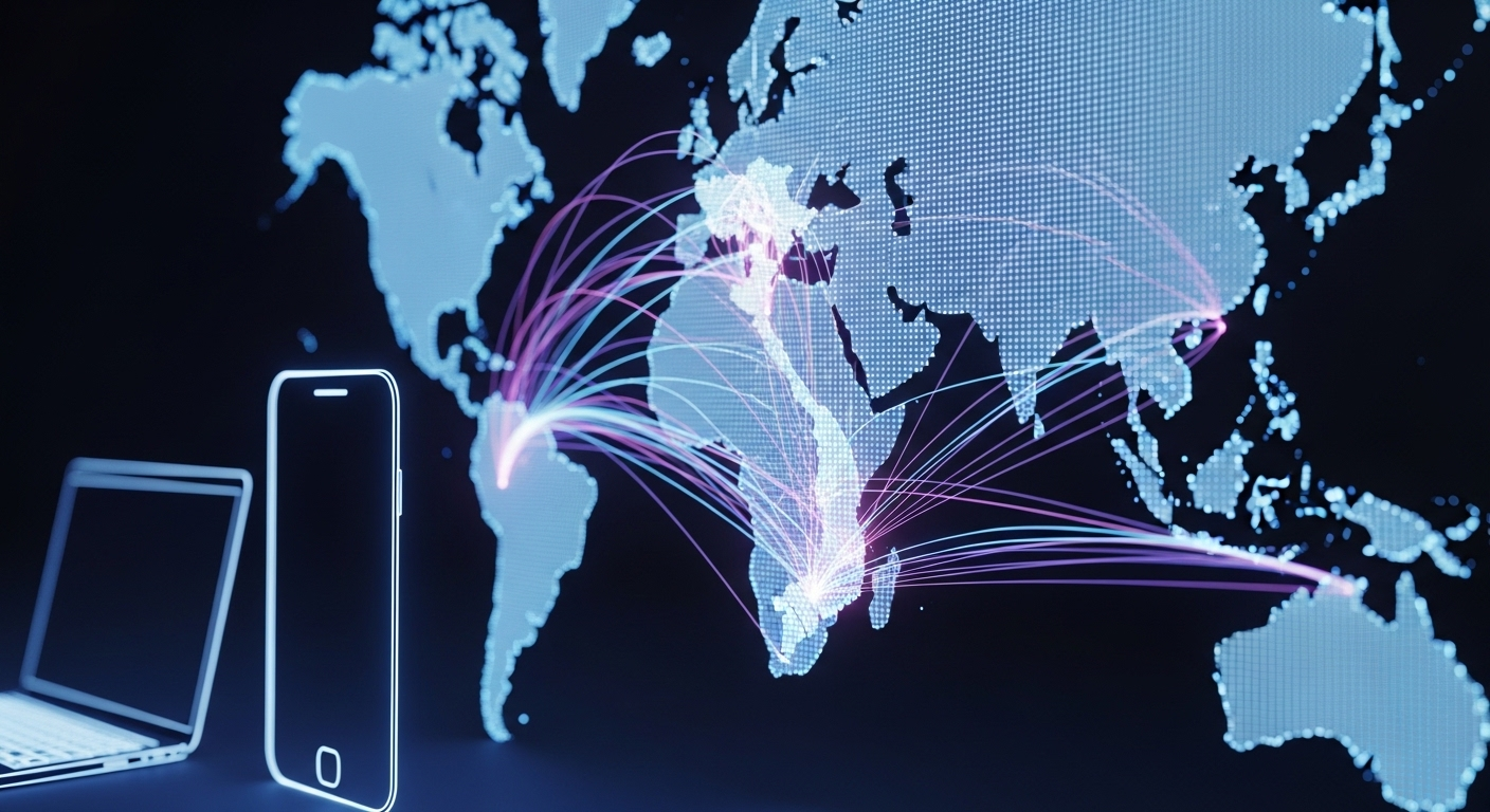 Bản đồ thế giới hologram với ánh sáng công nghệ từ Việt Nam lan tỏa toàn cầu, cùng thiết bị điện tử hiện đại, minh họa tầm ảnh hưởng của TOP 10 Công ty Công nghệ hàng đầu Việt Nam.