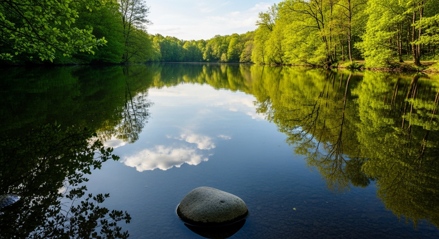 Hồ nước tĩnh lặng phản chiếu bầu trời xanh mây trắng, bờ cây xanh mát và viên đá xám bình yên. Một khung cảnh thanh bình, tượng trưng cho sự tĩnh tâm cần thiết khi xin nghỉ việc khi chưa có offer mới.